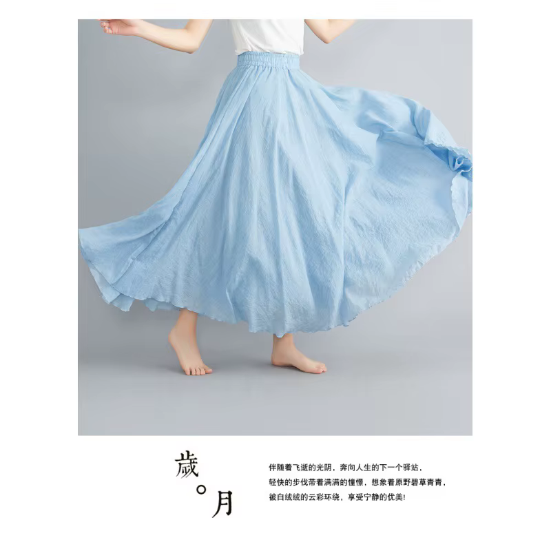 Jupe longue évasée en coton et lin de couleur unie pour femme