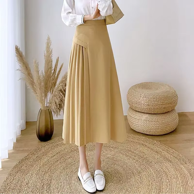 Jupe Mi-longue Femme Style Coréen Bureau Élégante Polyvalente Occasions Spéciales Polyester Coton Acétate Plissé Blanc Noir