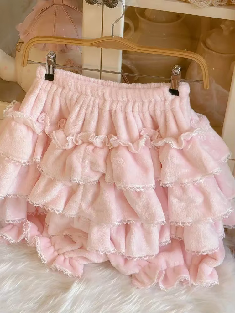 Nouveau rose japonais Kawaii Lolita jupe femmes nœud laine chaud doux Mini gâteau