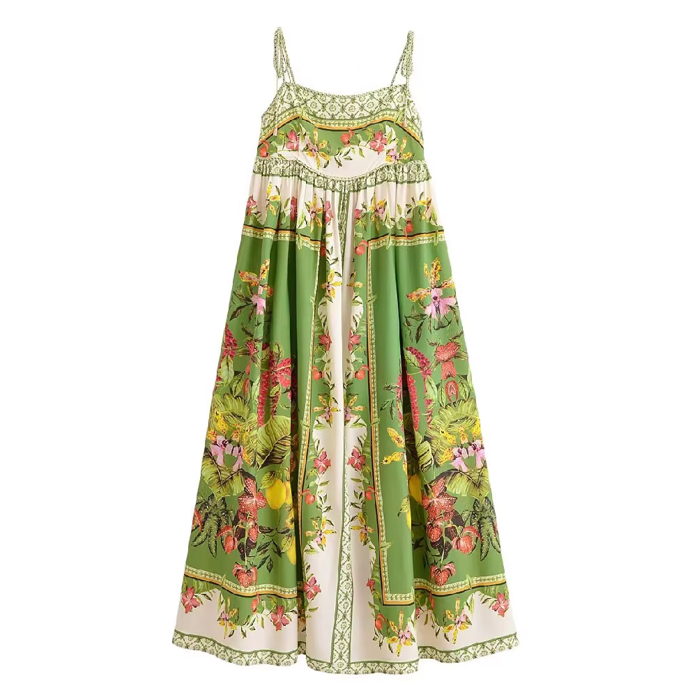 Robe longue mi-mollet bohème verte à imprimé floral contrastant avec nœud et laçage