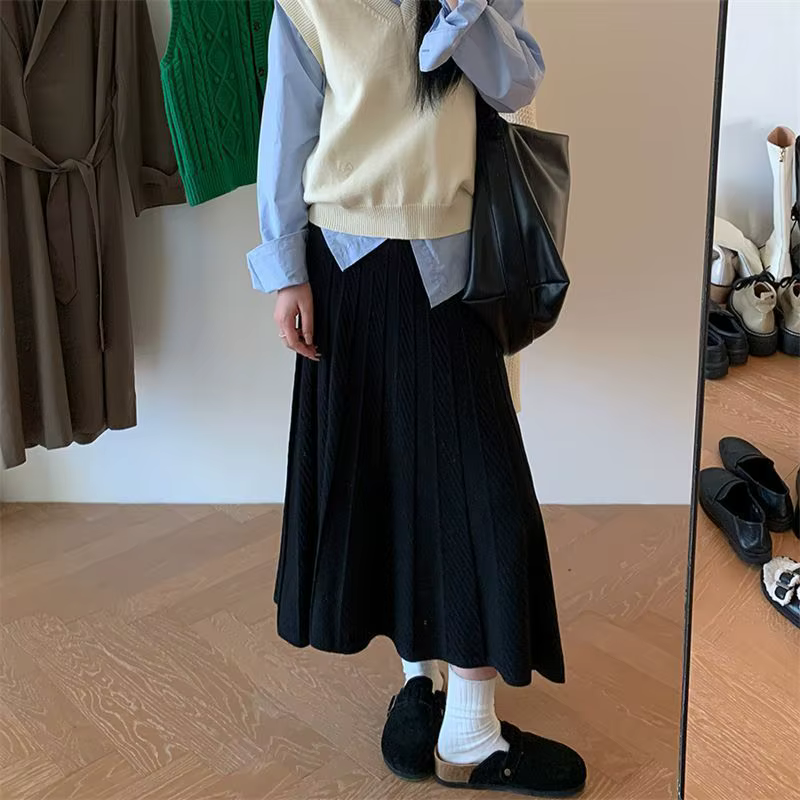 Demi-jupe tricotée à cent plis pour femme en automne et en hiver, longueur moyenne à longue, fine et élégante
