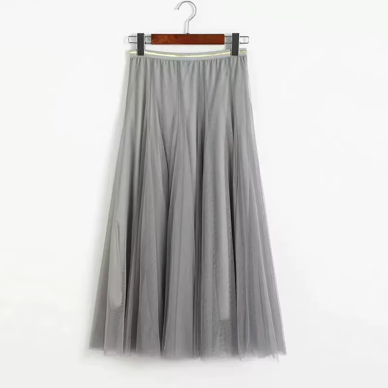 Été maille femmes jupe plissée solide taille haute une ligne Tulle jupes Chic longue Maxi Tutu