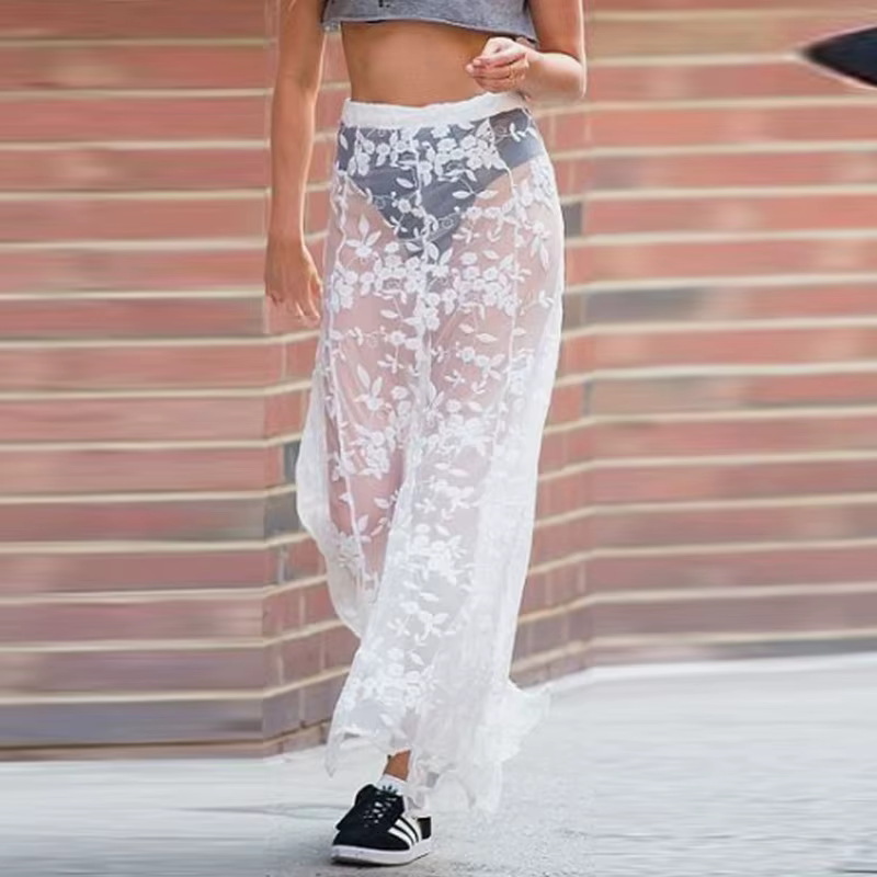 Jupe Longue Transparente en Dentelle Jacquard pour Femme