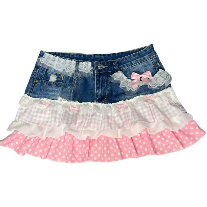 Jupe courte Y2K vintage rose patchwork en jean douce pour jeunes filles mode créateur effets gâteau dentelle pois mini au-dessus du genou occassions spéciales printemps été
