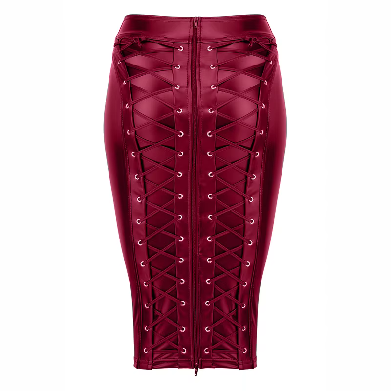 Jupe crayon zippée à lacets en cuir pour femme, robe Steampunk