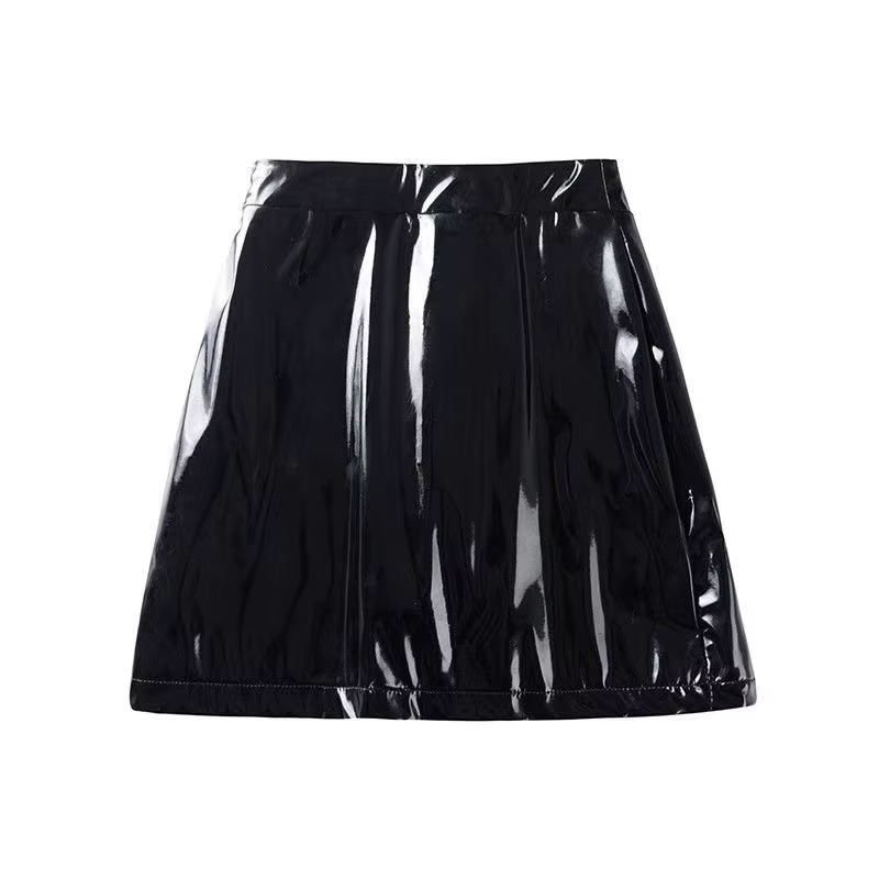 Jupe mini en cuir PU réfléchissant noir taille haute pour femme