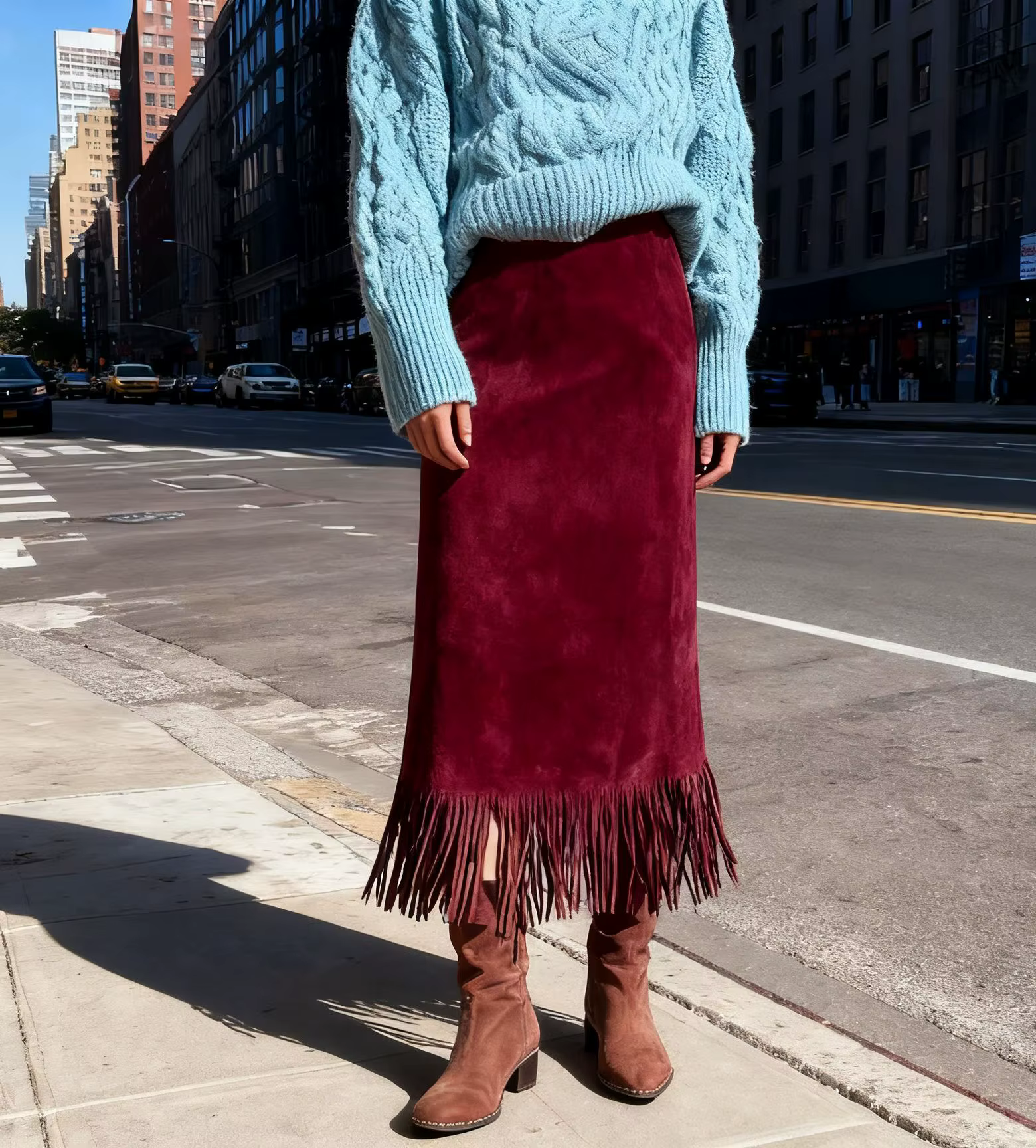 Rétro daim cuir jupe longue automne hiver femmes jupes à franges haute rue minceur solide élégant dame mode