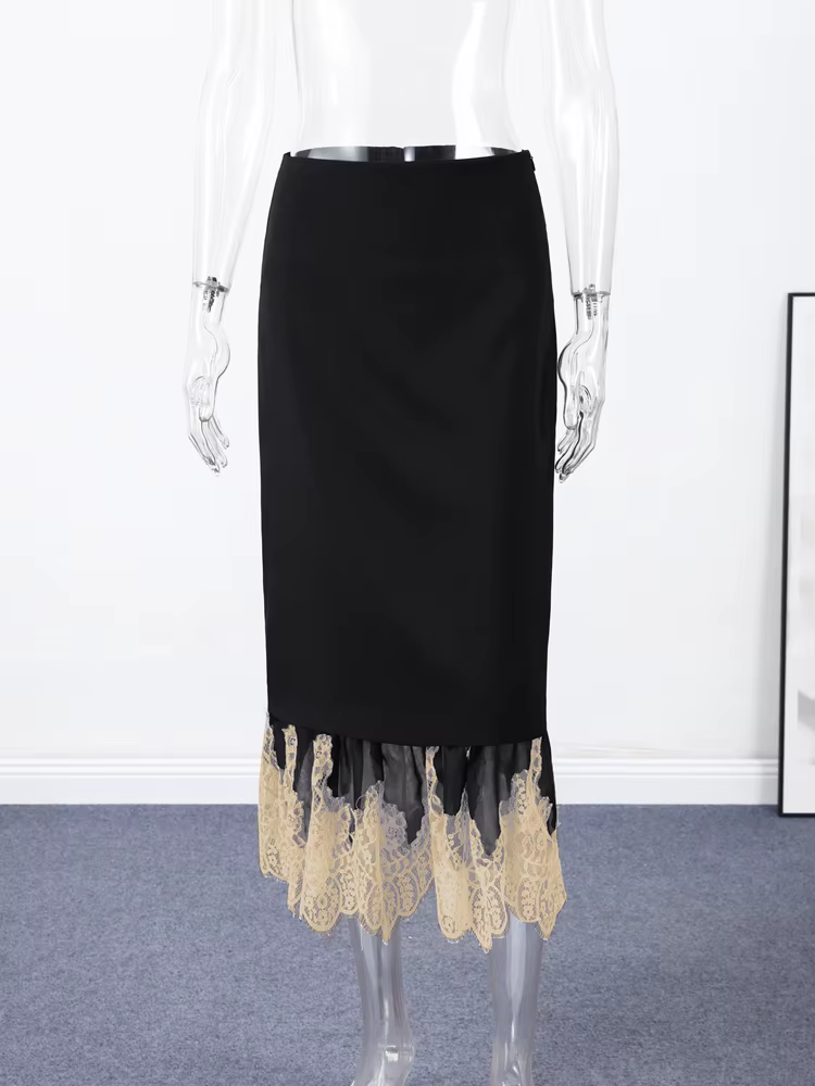 Jupe longue en dentelle patchwork pour femmes taille haute chic soirée vêtement club polyvalent toutes saisons
