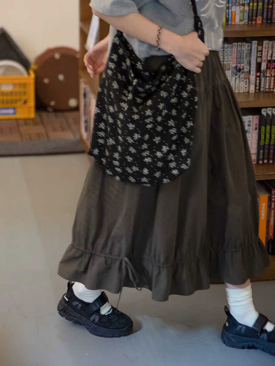Jupe noire plissée à volants, Style fille Mori japonais, Vintage, Simple, douce Kawaii, ligne a, taille élastique, marron, longue pour femmes