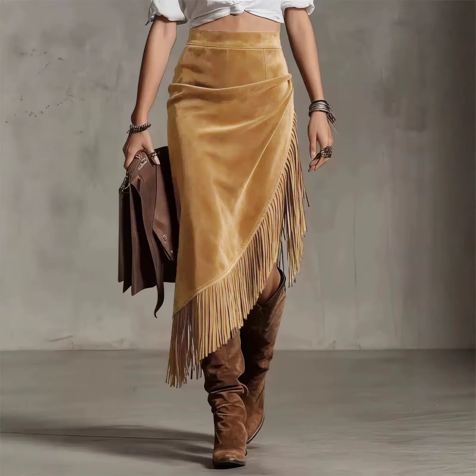 Jupe en daim de style western rétro, design irrégulier, jupe unie