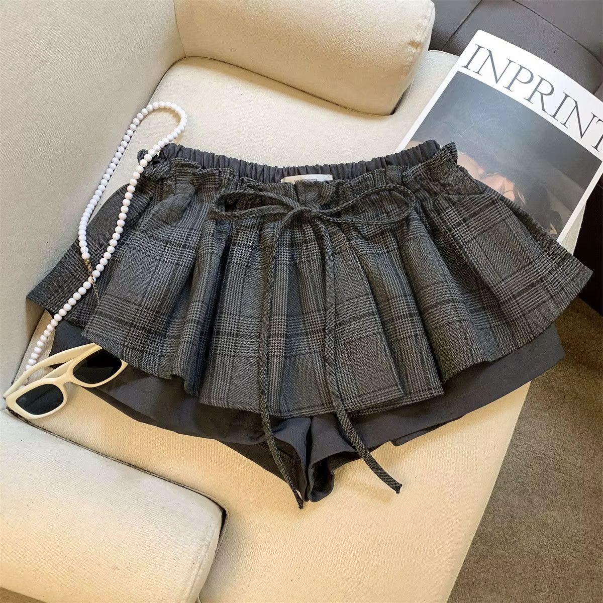 Jupe à carreaux taille basse style doux pour femmes