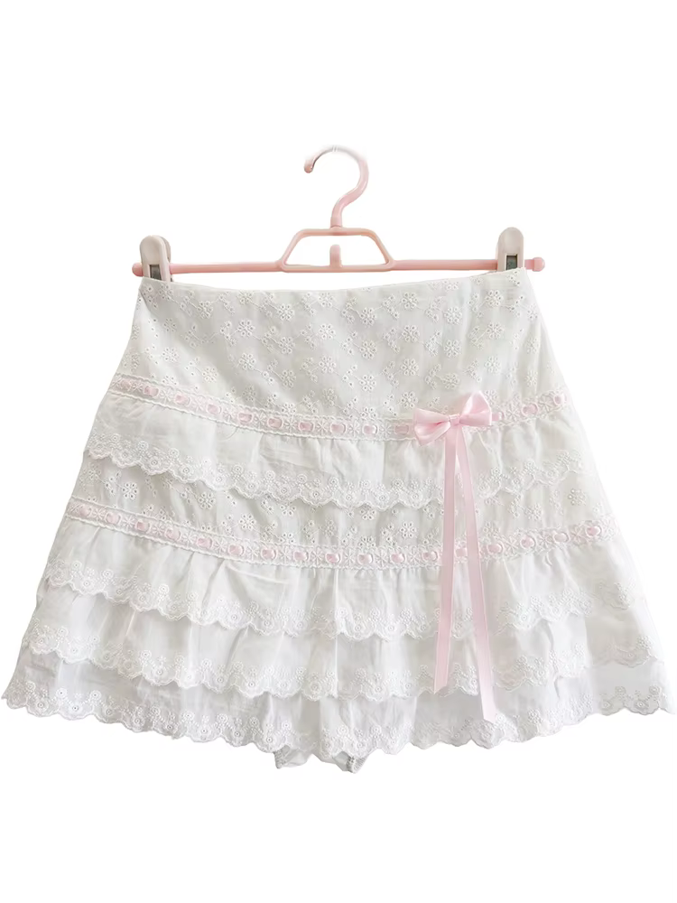 Jupes blanches pour filles adorables, décorées de fleurs brodées, avec un nœud, taille élastique, jupes courtes en coton à plusieurs couches, mignonnes, pour femmes