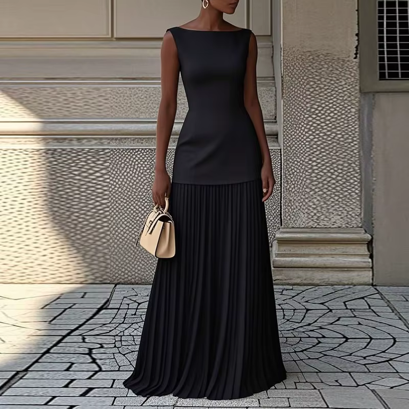 Femmes élégant solide jupe plissée ensembles femme 2 pièces tenue Sexy Slash cou sans manches débardeur tenues été creux mince costumes