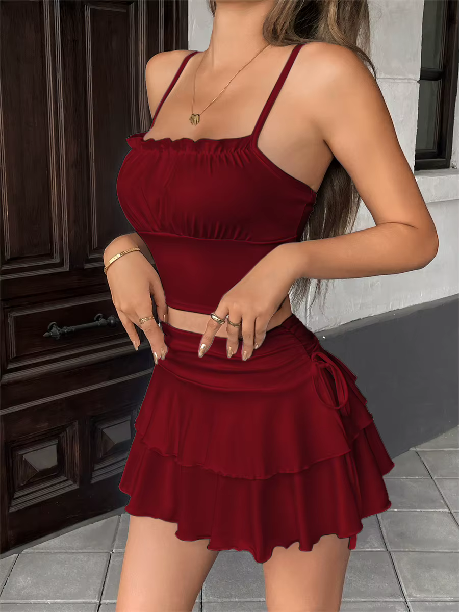 Mini-jupe pour femme taille basse couleur unie à volants