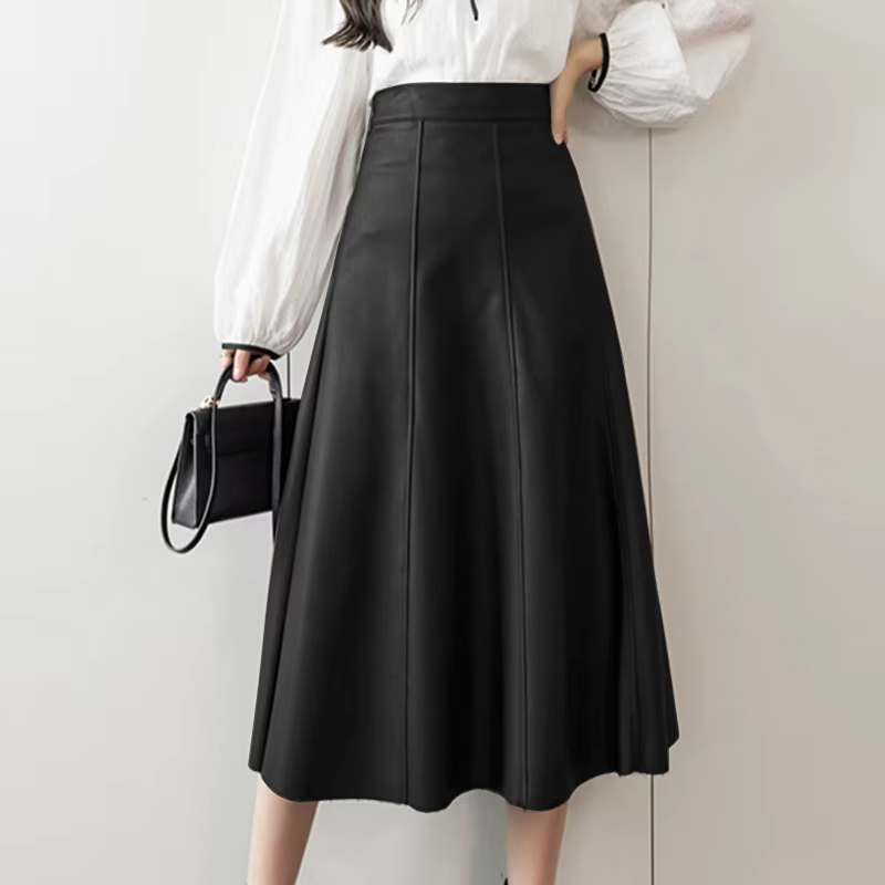 Jupe mi-longue en cuir PU pour femme