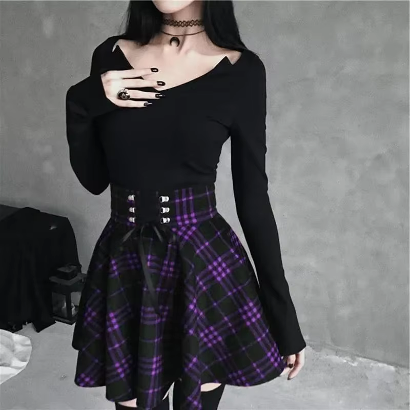 Jupe gothique à carreaux noirs pour femmes, jupes plissées, style gothique, mini jupe, hip hop, punk, clubwear, printemps automne