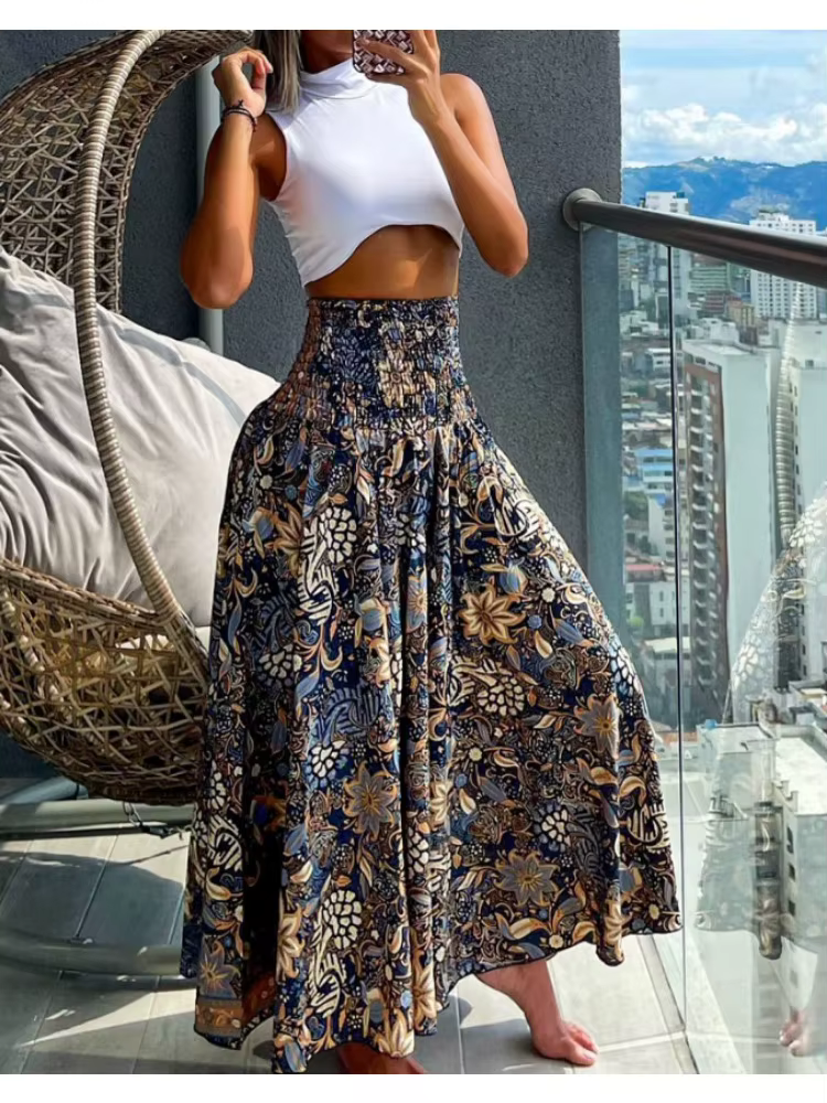 Grande taille femmes mode imprimé fleuri plis bohème élastique