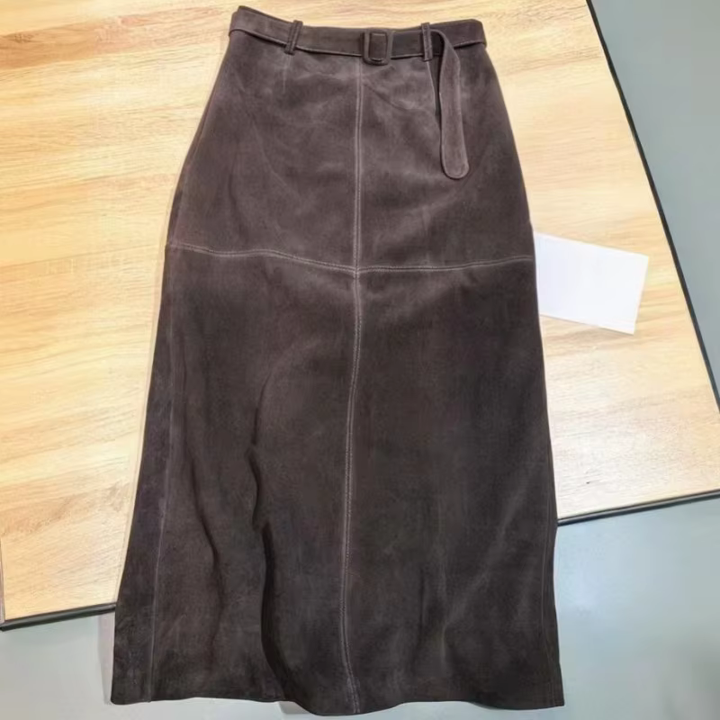Jupes longues rétro en daim et cuir véritable pour femmes