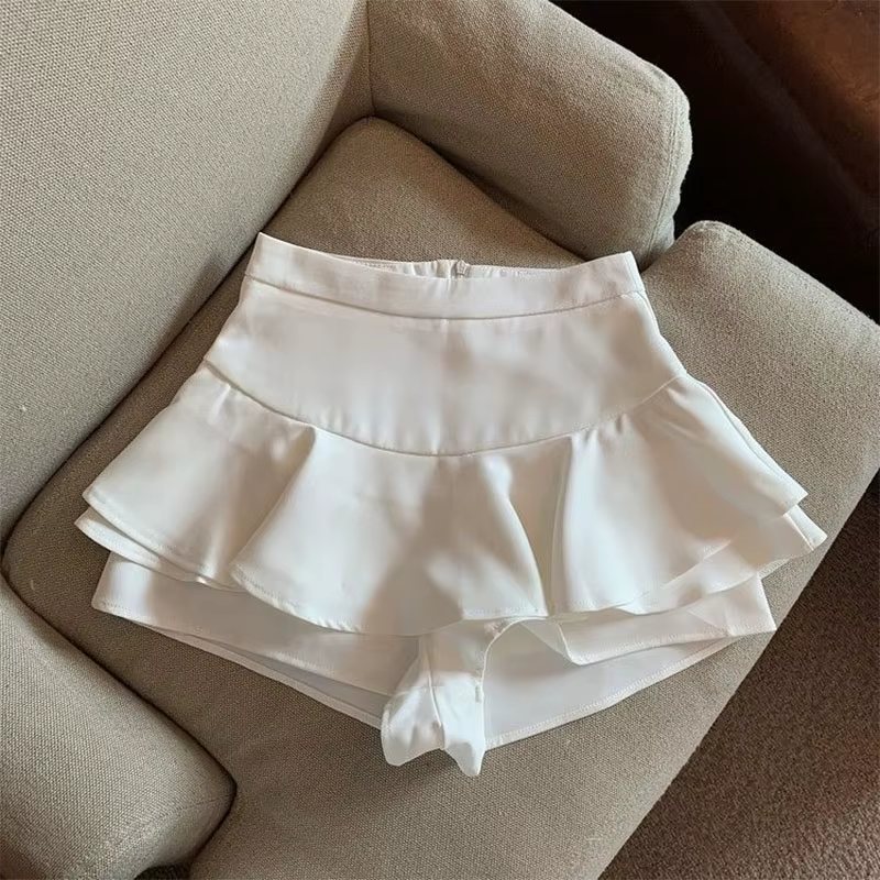 Jupe trapèze d'été pour femmes, mini-jupe coréenne taille haute à volants et fermeture éclair, noire et blanche, pour style de rue, printemps-été