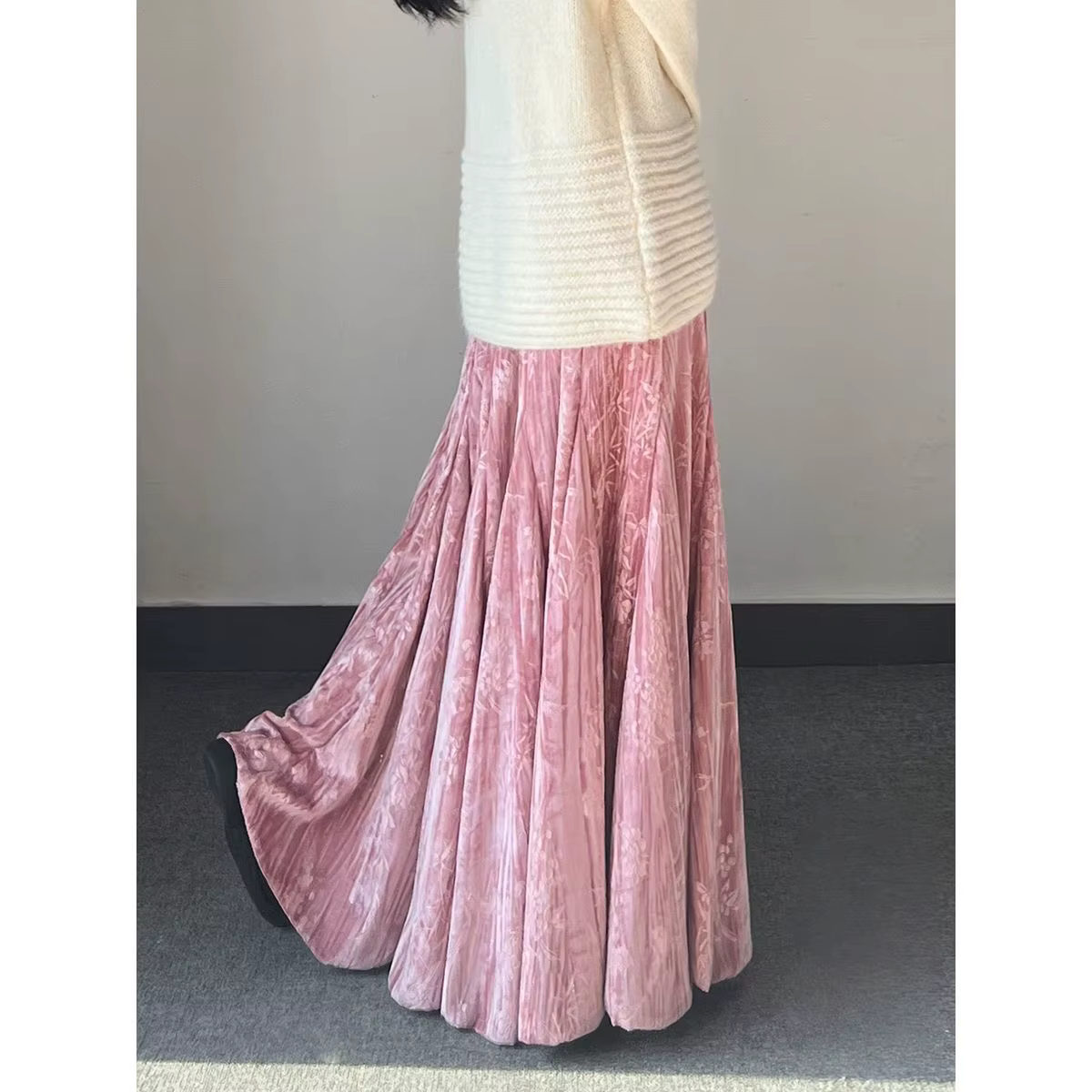 Jupe longue mi-longue en velours à imprimé Floral violet