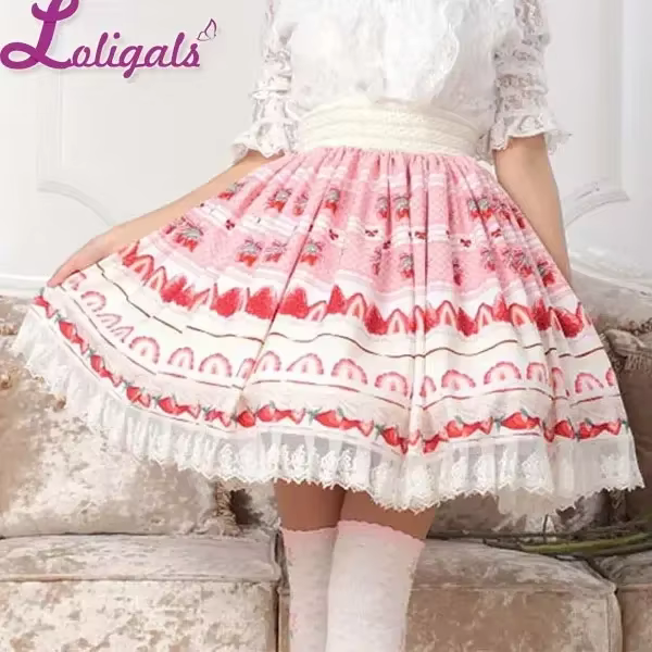 Jupe trapèze japonaise douce rose, jupe courte plissée en dentelle imprimée fraise, longueur aux genoux