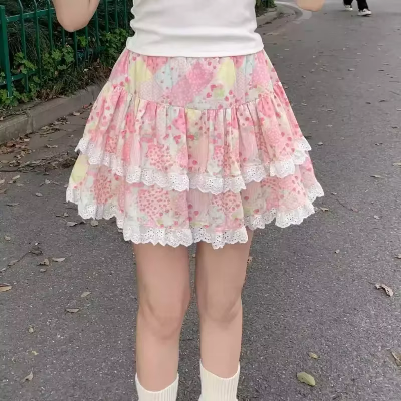 Mini-jupe florale Kawaii pour femme