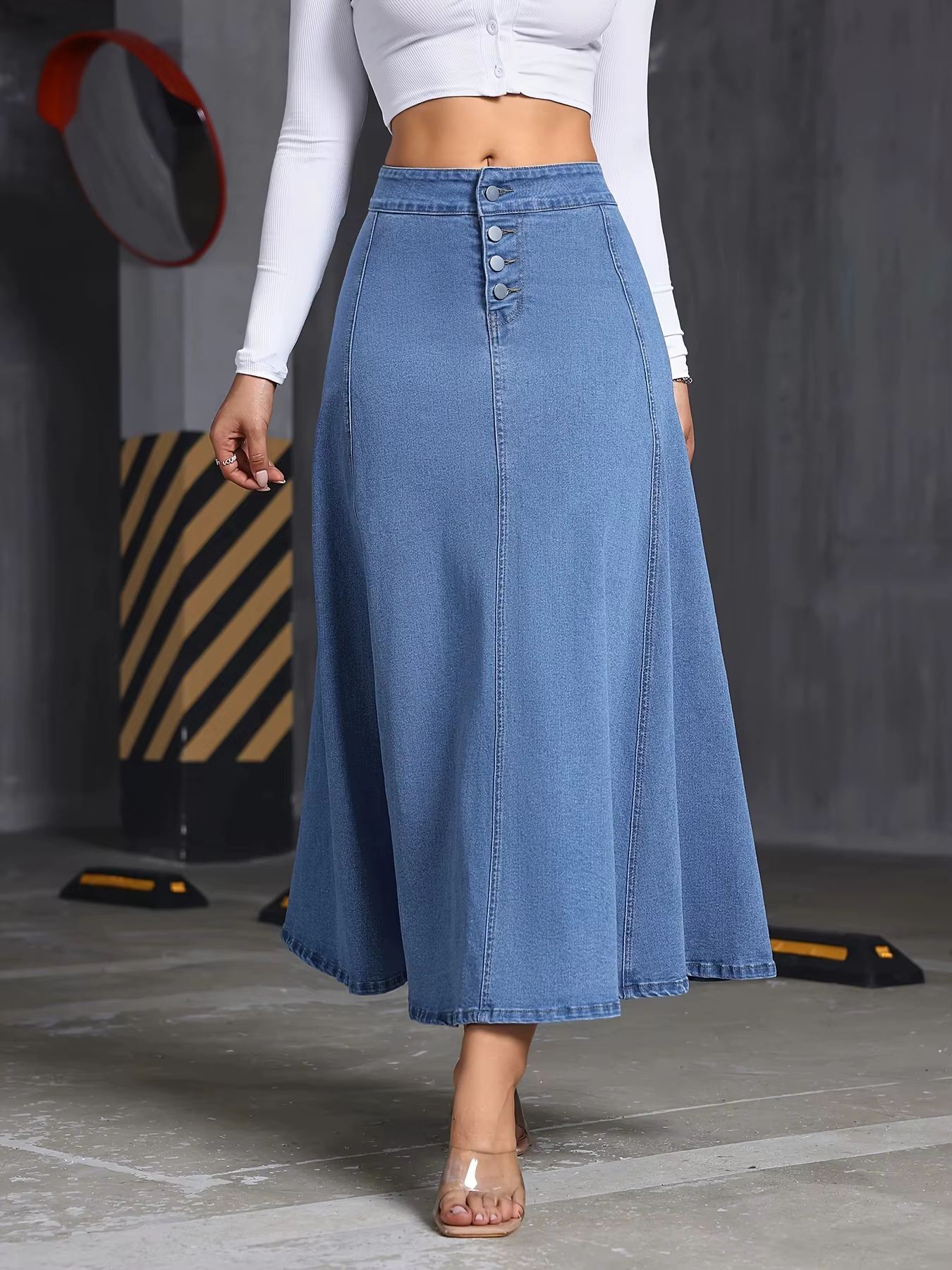 Jupe en jean ample et fluide de Mme W pour femmes junior, bleu, taille naturelle, étirement moyen, coupe ample, style décontracté, denim délavé, longueur cheville, bouton vintage, polyvalent pour toutes les saisons