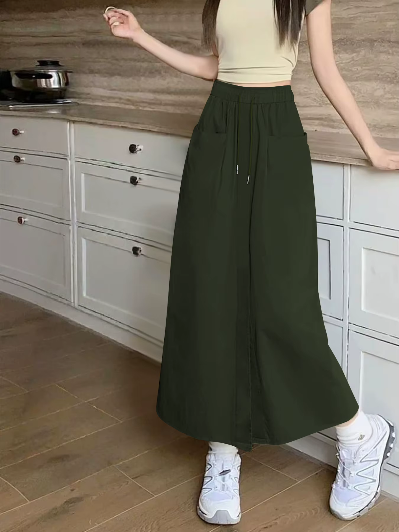 Jupe décontractée pour femme coupe trapèze polyester élasthanne longueur cheville avec poches printemps été occassions multiples