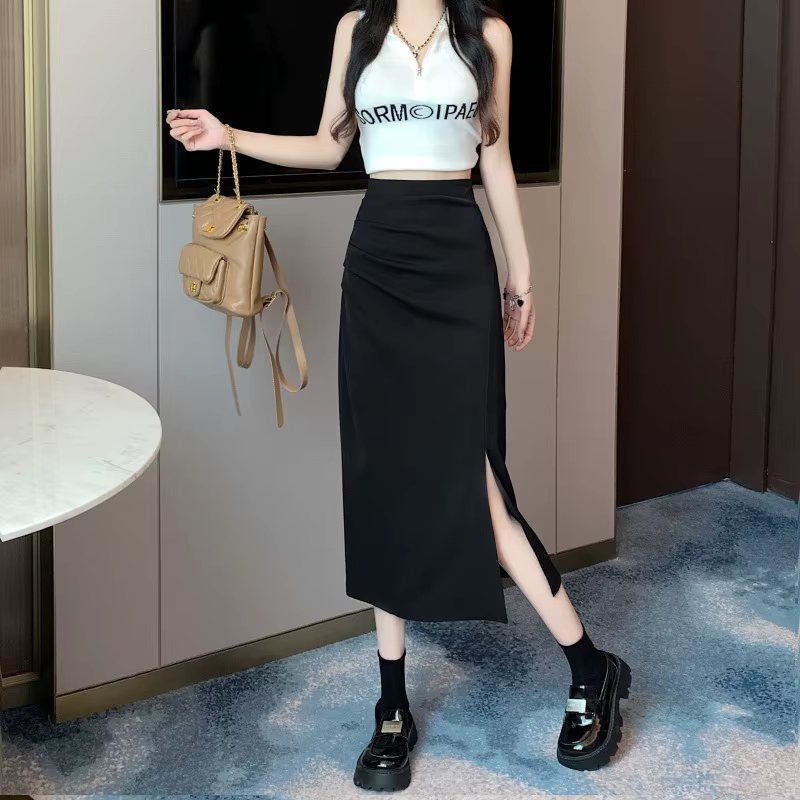 Jupe mi-longue évasée taille haute avec fente pour femme