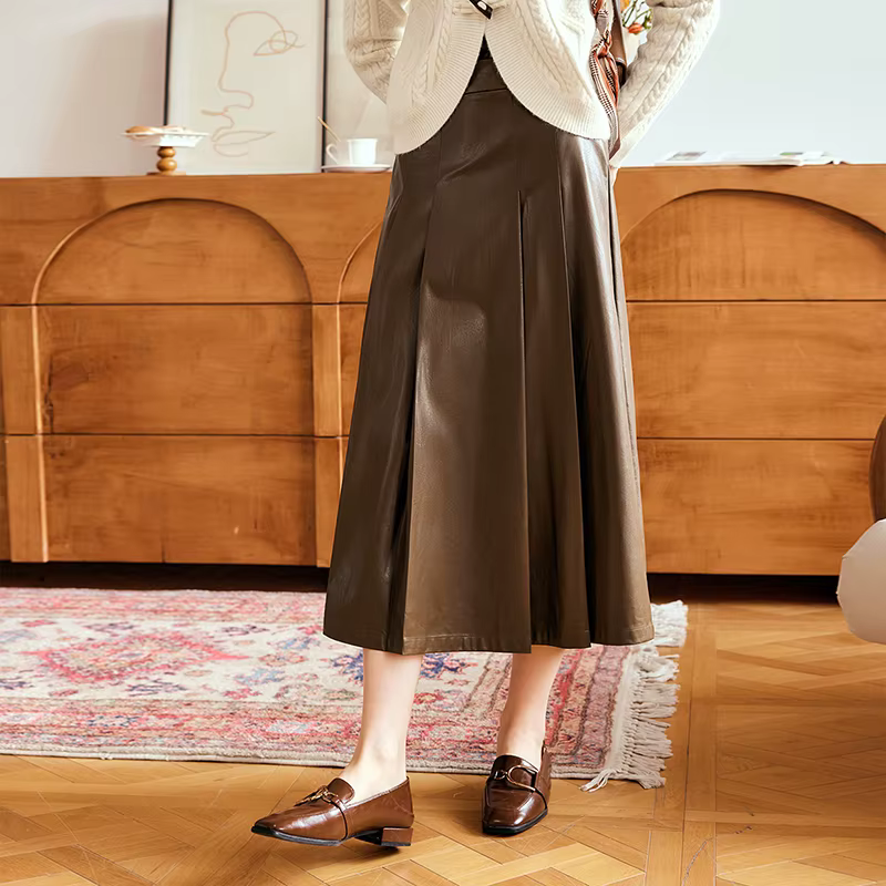 Jupe longue plissée OLrain en cuir synthétique pour femmes, style rétro chic, coupe trapèze décontractée, élégance intemporelle, idéale pour vos journées printanières et automnales