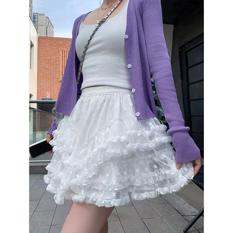 Jupe mi-longue décontractée taille haute en polyester dentelle blanche et maille style féerique collection printemps été 2026 pour femme occasions spéciales