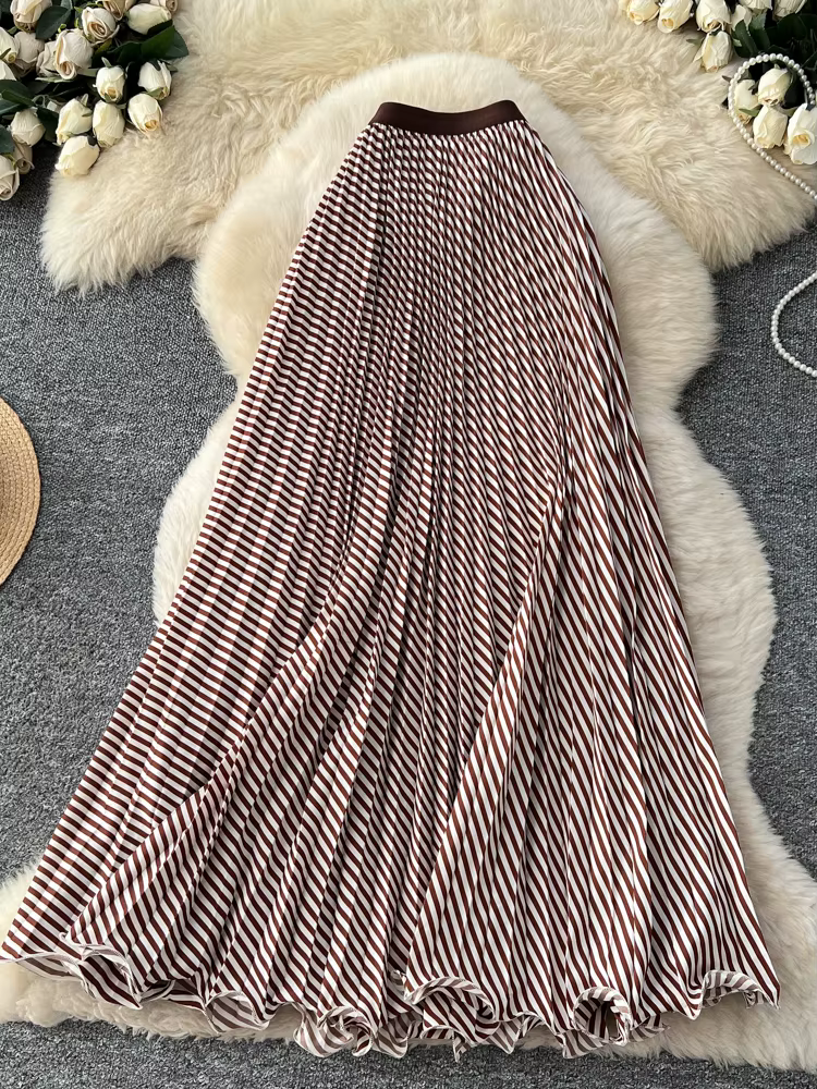 Jupe plissée rayée pour femme, coupe trapèze, taille élastique, ourlet festonné, élégante, printemps-été, couleurs bonbon, SK077
