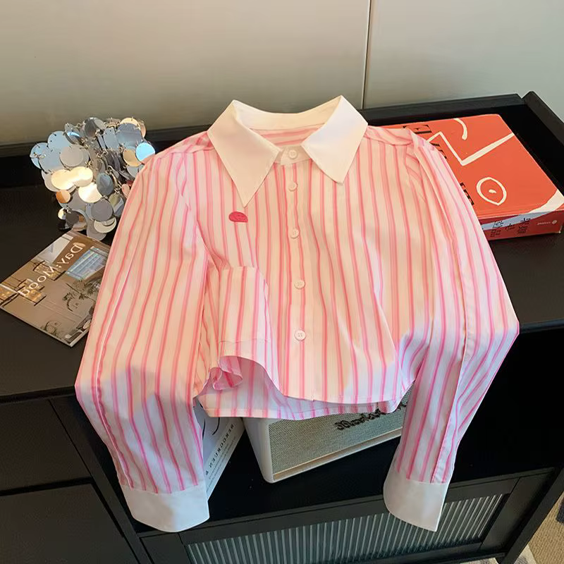 Rose rayé femmes hauts à manches longues tempérament Blouses 2025 Blusas Mujer De Moda mode décontracté été recadrée chemises Blouse