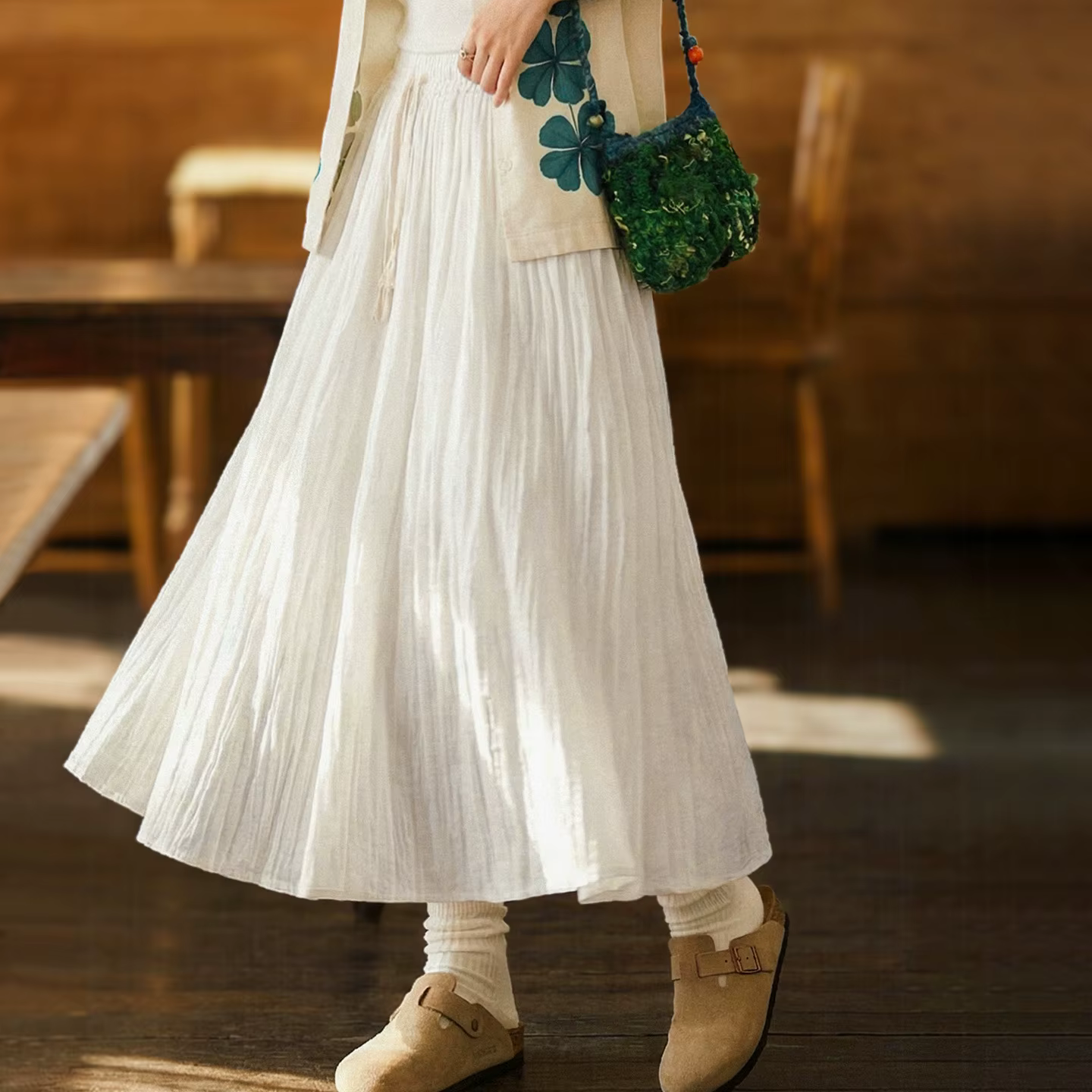 Jupe midi plissée blanche taille haute pour femme Maden