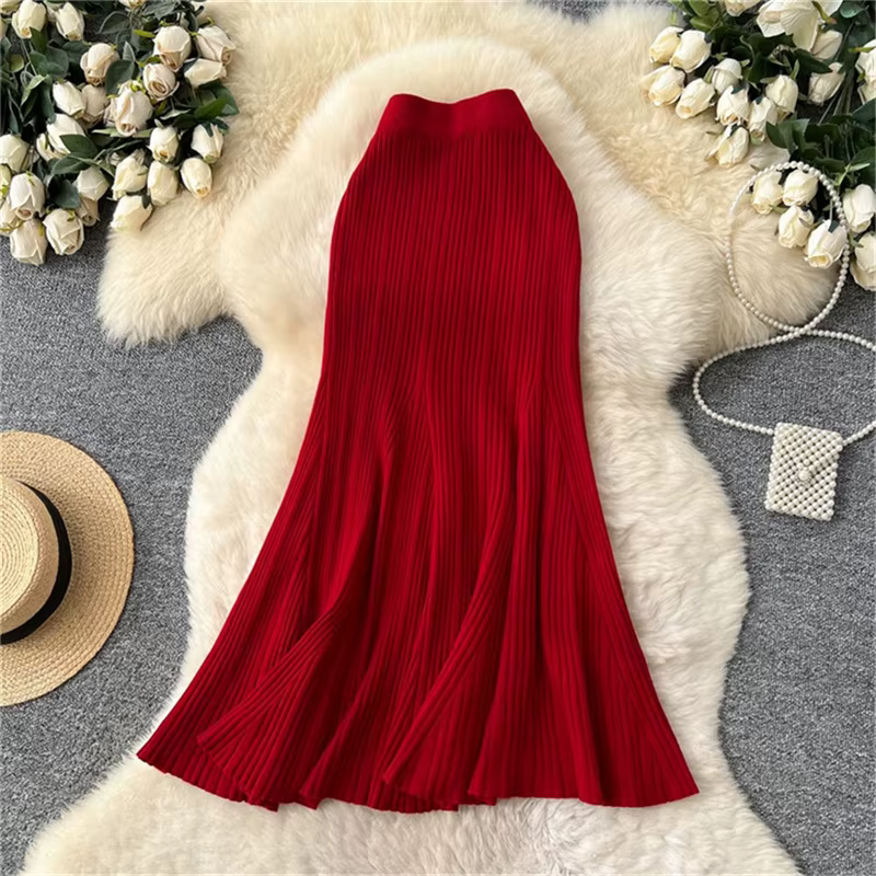Jupe sirène tricotée française extensible, taille haute, chic et épais, pour femmes, automne hiver, tenue d'anniversaire, matériau coton polyester
