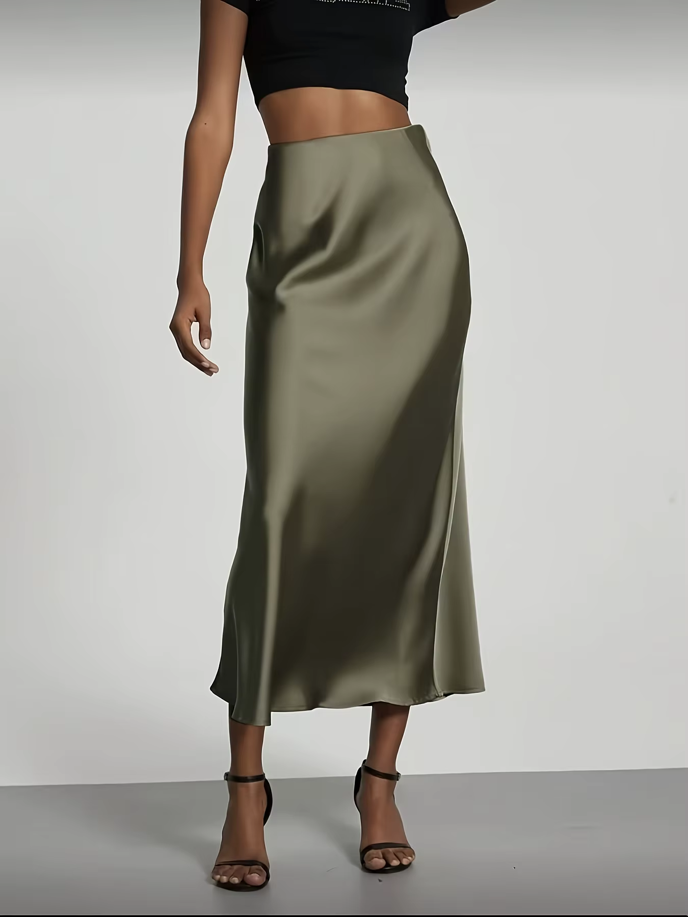 Jupe midi en satin pour femme taille haute coupe droite ajustée drapé élégant polyester versatile et élégante quotidien vacances soirées