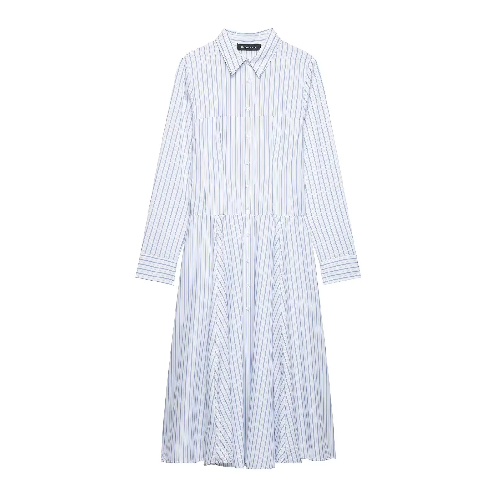 Robe midi style chemise rayée SAW Independent Station Nouvelle Arrivée Élégante Streetwear Polyester Manches Longues Col Polo Coupe A-Lin...