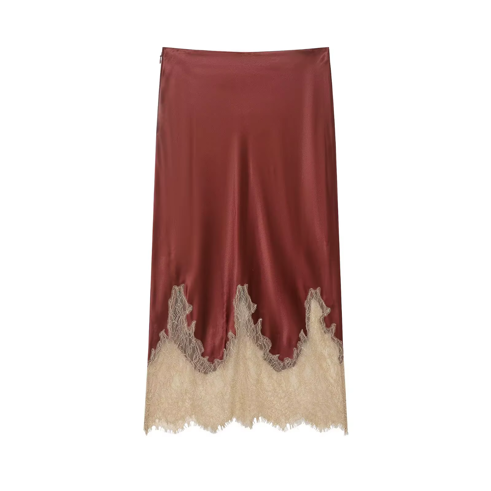 HH femmes mode dentelle décoration côté fermeture éclair jupe longue taille haute ample Satin Texture