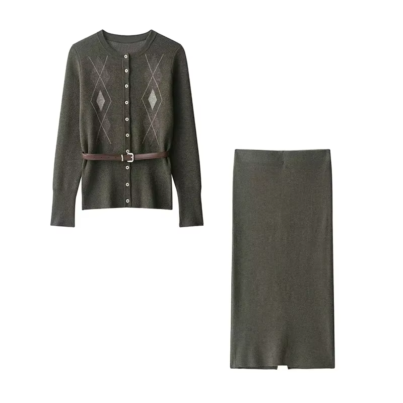Ensemble jupe Cardigan tricoté à carreaux pour femmes