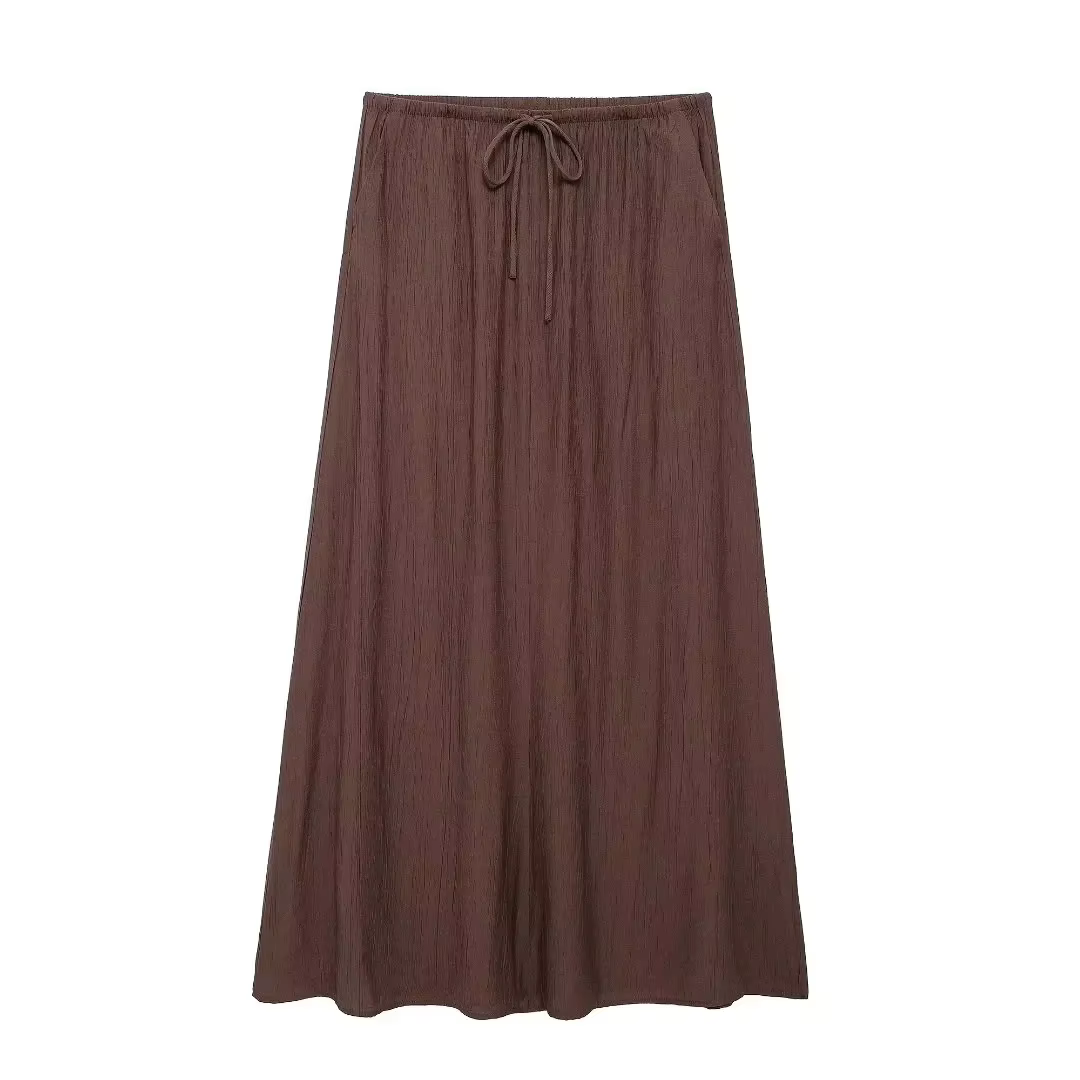 HH femmes été élégant a-ligne plissée jupe Midi mode solide cordon taille haute jupes femme robe longue décontractée