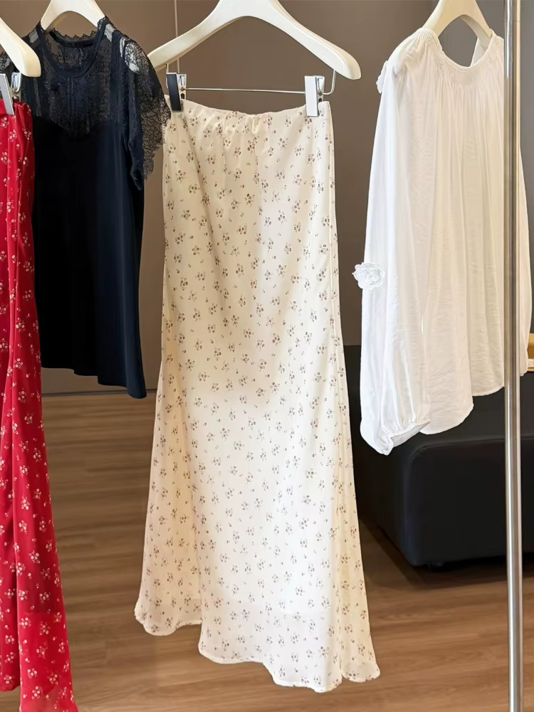 Jupe midi florale d'été pour femme en mousseline rouge respirante