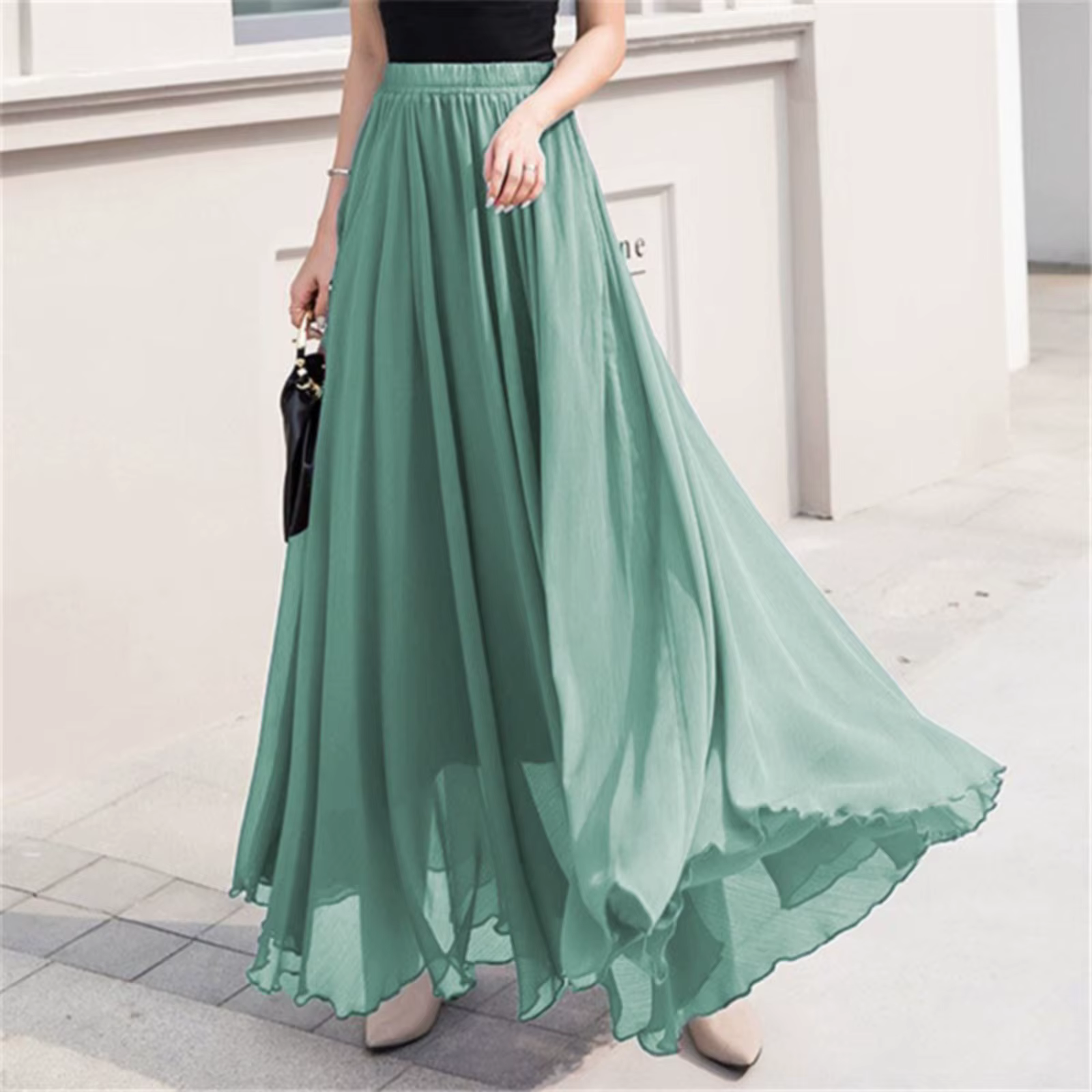 Jupe patineuse longue taille haute en mousseline de soie pour femme