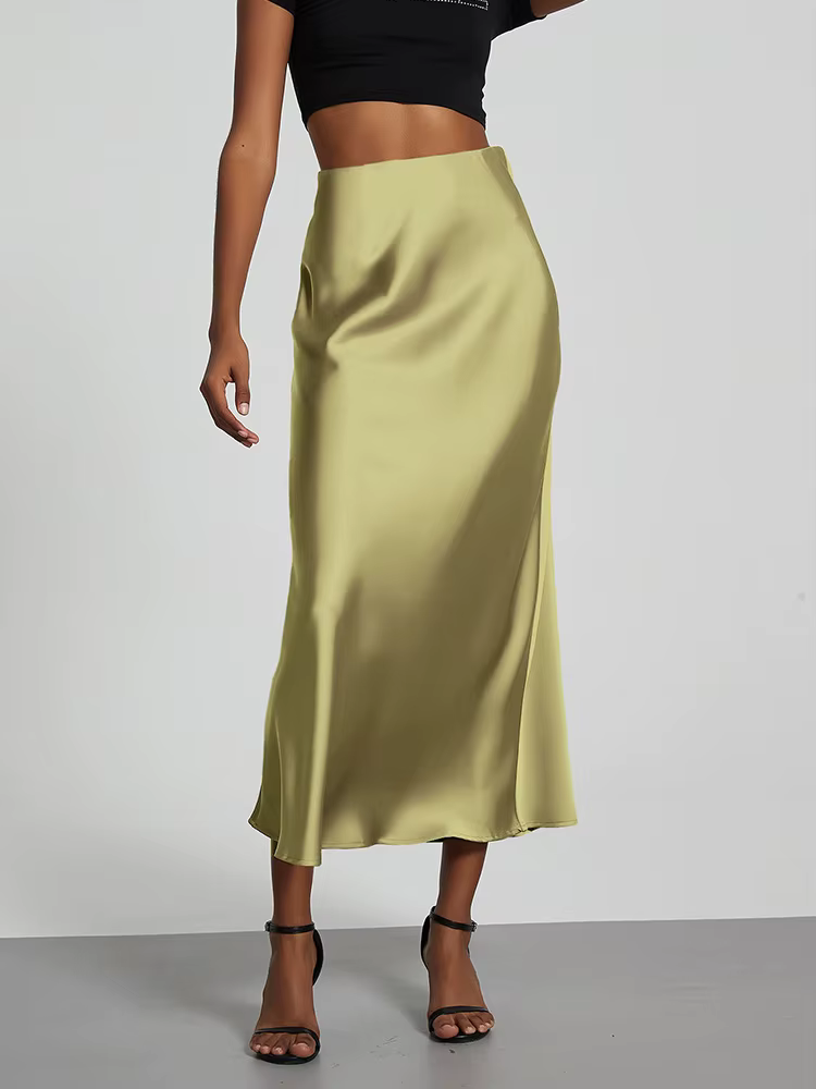 Mode Satin fête jupe longue taille haute couleur unie décontracté basique femmes jupes queue de poisson