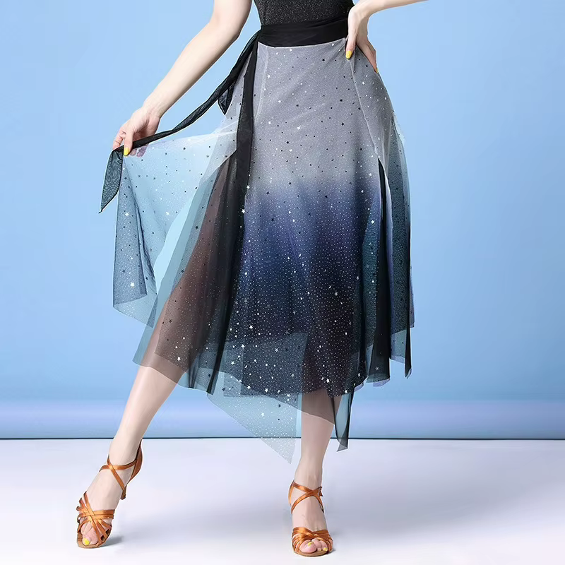 Jupe mi-longue asymétrique à fente haute en maille scintillante dégradée pour femme