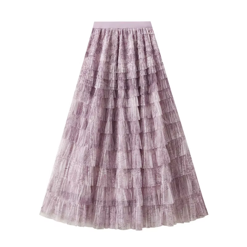 Jupe longue femme 2026 chic taille haute coupe trapèze en maille tie-dye avec patchwork et volants en tulle