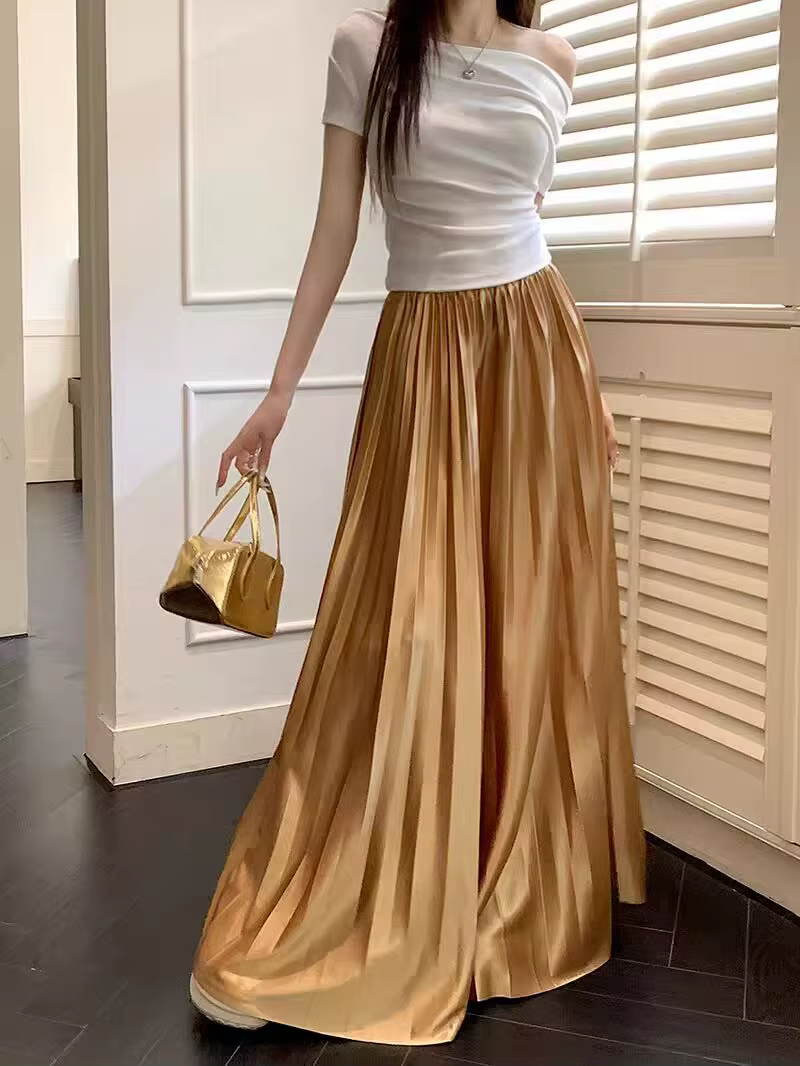 Jupe longue plissée en satin pour femmes grandes
