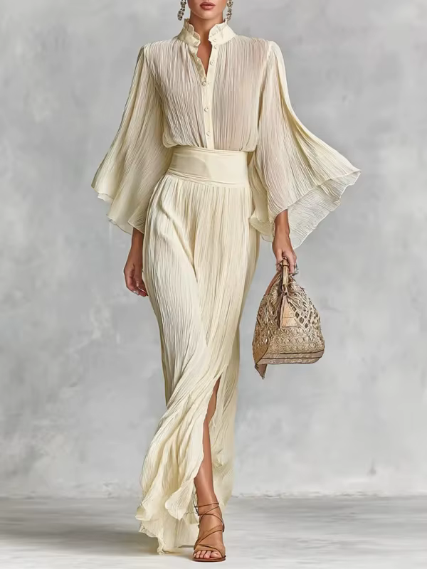 Ensemble jupe plissée abricot 2 pièces pour femmes, chemises légèrement transparentes à manches évasées, haut fendu, jupe longue, printemps été 2026 pour occasions semi-formelles et journées quotidiennes