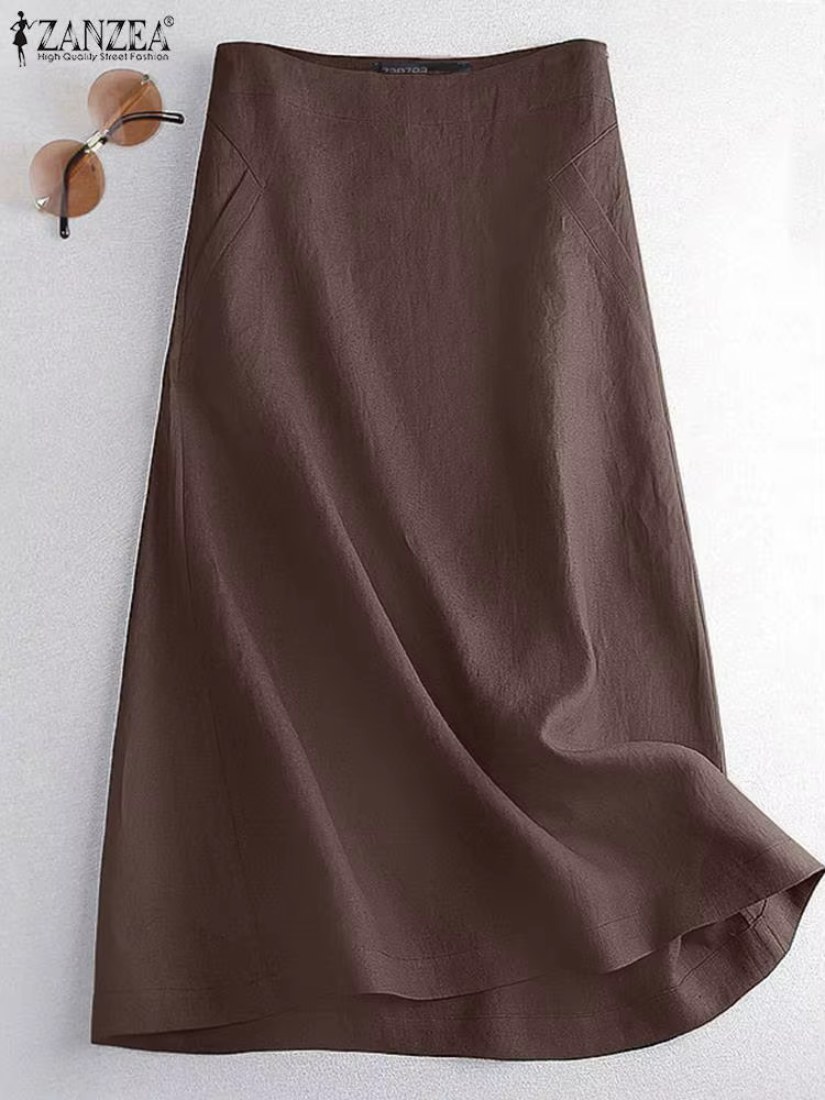 ZANZEA Vintage été élégant taille haute a-ligne jupes femmes décontracté fête travail Faldas Saia solide Midi Jupe