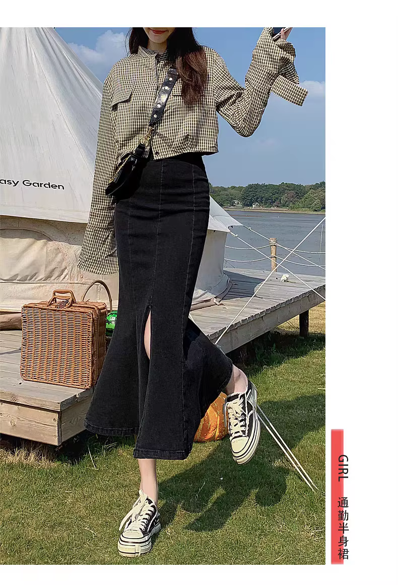 Jupe en jean mi-longue silhouette sirène tendance pour femmes été printemps soirée élégante ocassions variées