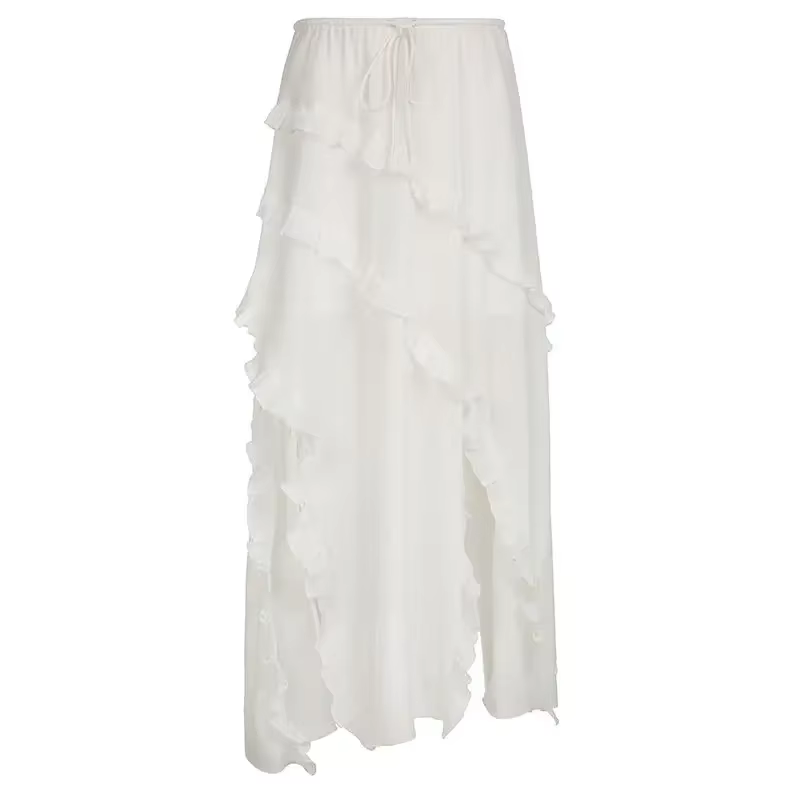 2025 Korean New Irregular High Waist Skirts Vintage Lady White Skirt French Style Fashion Ruffles Sweet